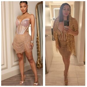 FASHION NOVA Embellished Sheer Nude Corset Dress Size Large